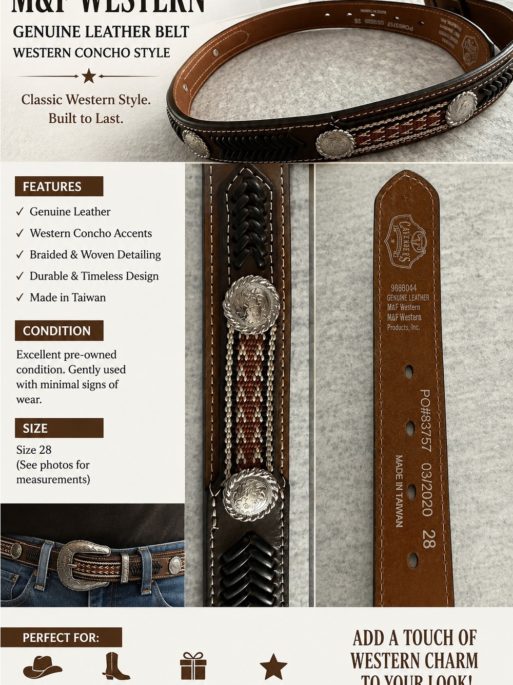 M&F Western Genuine Leather Concho Belt Size 28 Brown Black Cowboy Western